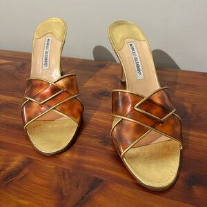 Vintage Manolo Blahnik Gold and Brown Heeled Sandals - Never Worn!
